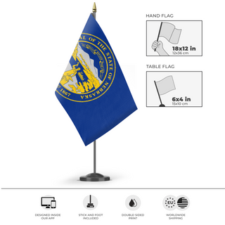 A mockup of the custom flag 'Nebraska State Flag' as a desk flag and small hand waving flag