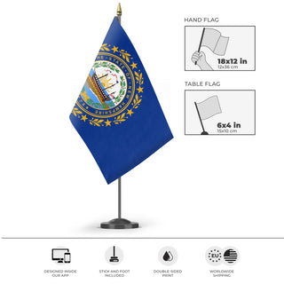 A mockup of the custom flag 'New Hampshire State Flag' as a desk flag and small hand waving flag