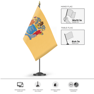 A mockup of the custom flag 'New Jersey State Flag' as a desk flag and small hand waving flag