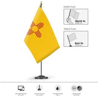 A mockup of the custom flag 'New Mexico State Flag' as a desk flag and small hand waving flag