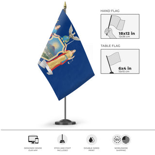 A mockup of the custom flag 'New York State Flag' as a desk flag and small hand waving flag