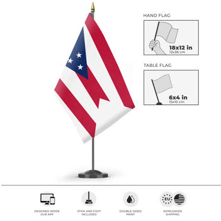 A mockup of the custom flag 'Ohio State Flag' as a desk flag and small hand waving flag