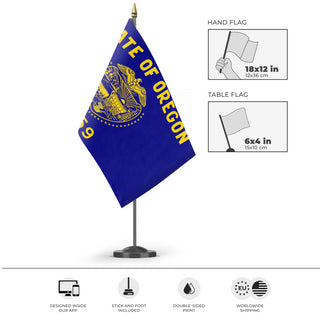 A mockup of the custom flag 'Oregon State Flag' as a desk flag and small hand waving flag