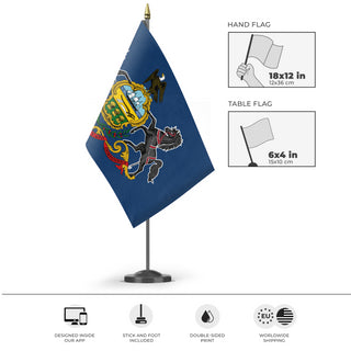 A mockup of the custom flag 'Pennsylvania State Flag' as a desk flag and small hand waving flag