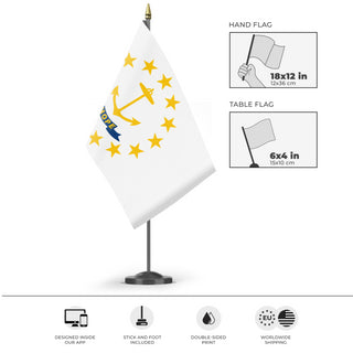 A mockup of the custom flag 'Rhode Island State Flag' as a desk flag and small hand waving flag