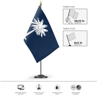 A mockup of the custom flag 'South Carolina State Flag' as a desk flag and small hand waving flag