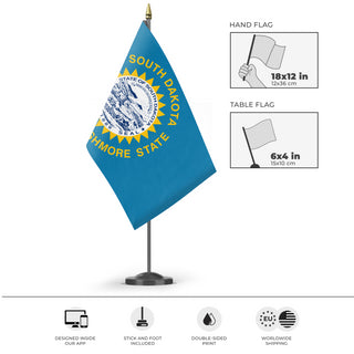 A mockup of the custom flag 'South Dakota State Flag' as a desk flag and small hand waving flag