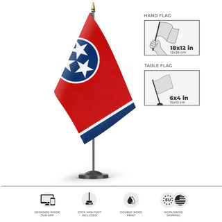 A mockup of the custom flag 'Tennessee State Flag' as a desk flag and small hand waving flag