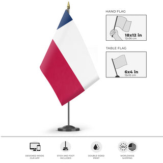 A mockup of the custom flag 'Texas State Flag' as a desk flag and small hand waving flag