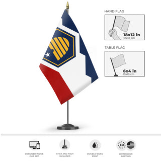 A mockup of the custom flag 'Utah State Flag' as a desk flag and small hand waving flag