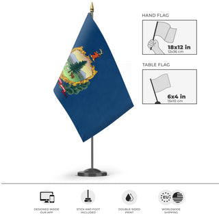 A mockup of the custom flag 'Vermont State Flag' as a desk flag and small hand waving flag