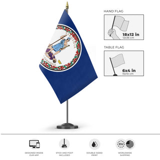 A mockup of the custom flag 'Virginia State Flag' as a desk flag and small hand waving flag