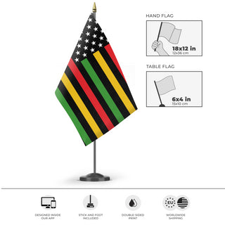 A mockup of the custom flag 'African American Flag' as a desk flag and small hand waving flag