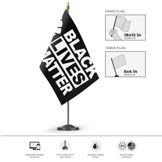 A mockup of the custom flag 'Black Lives Matter Flag' as a desk flag and small hand waving flag