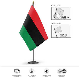A mockup of the custom flag 'Pan-African Flag' as a desk flag and small hand waving flag