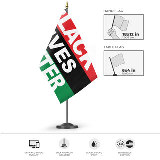 A mockup of the custom flag 'Pan-African Black Lives Matter Flag' as a desk flag and small hand waving flag