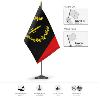 A mockup of the custom flag 'Black American Heritage Flag' as a desk flag and small hand waving flag