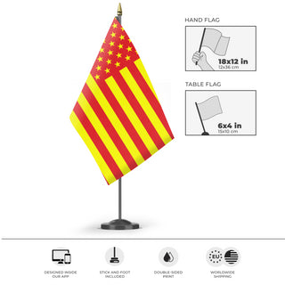 A mockup of the custom flag 'Asian American Heritage Flag' as a desk flag and small hand waving flag