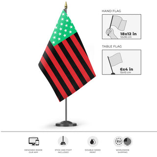 A mockup of the custom flag 'Pan-African Black Lives Matter Flag' as a desk flag and small hand waving flag