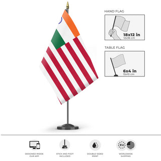 A mockup of the custom flag 'Indian American Heritage Flag' as a desk flag and small hand waving flag