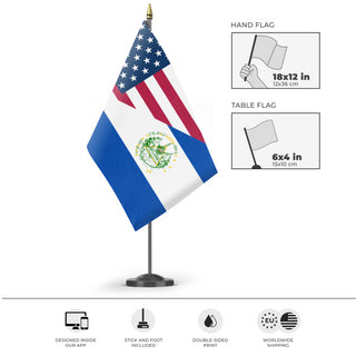 A mockup of the custom flag 'Salvadoran American Heritage Flag' as a desk flag and small hand waving flag