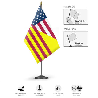 A mockup of the custom flag 'Vietnamese American Heritage Flag' as a desk flag and small hand waving flag