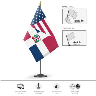A mockup of the custom flag 'Dominican American Heritage Flag' as a desk flag and small hand waving flag