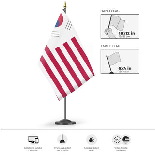 A mockup of the custom flag 'Korean American Heritage Flag' as a desk flag and small hand waving flag