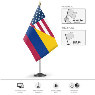A mockup of the custom flag 'Colombian American Heritage Flag' as a desk flag and small hand waving flag
