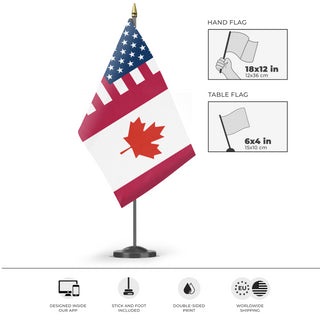A mockup of the custom flag 'Canadian American Heritage Flag' as a desk flag and small hand waving flag
