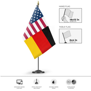 A mockup of the custom flag 'German American Heritage Flag' as a desk flag and small hand waving flag
