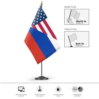 A mockup of the custom flag 'Russian American Heritage Flag' as a desk flag and small hand waving flag