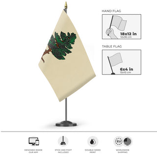 A mockup of the custom flag '1901 Maine Flag' as a desk flag and small hand waving flag