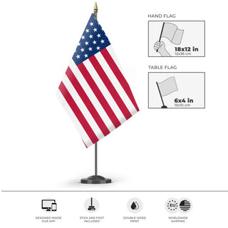 A mockup of the custom flag 'Abraham Lincoln United States Flag' as a desk flag and small hand waving flag