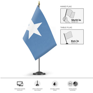 A mockup of the custom flag 'Republic of West Florida Flag' as a desk flag and small hand waving flag