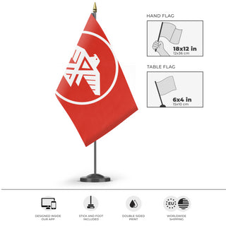 A mockup of the custom flag 'Anishinaabe First Nations Flag' as a desk flag and small hand waving flag