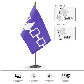 A mockup of the custom flag 'Haudenosaunee Confederacy Flag' as a desk flag and small hand waving flag