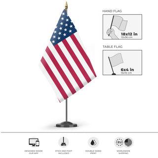 A mockup of the custom flag 'Native American Flag' as a desk flag and small hand waving flag