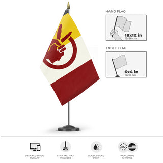 A mockup of the custom flag 'American Indian Movement Flag' as a desk flag and small hand waving flag