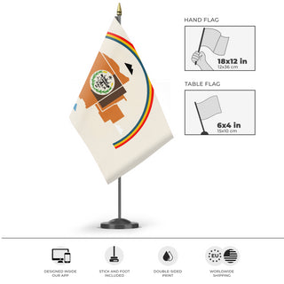 A mockup of the custom flag 'Najavo Nation Flag' as a desk flag and small hand waving flag