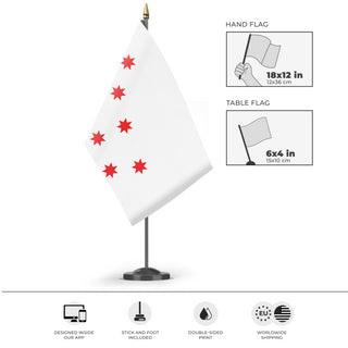 A mockup of the custom flag 'Cherokee Peace Flag' as a desk flag and small hand waving flag