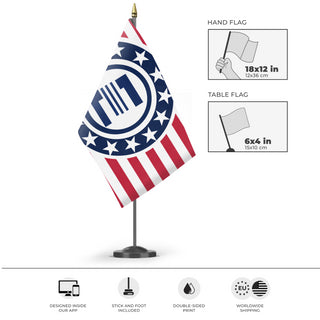 A mockup of the custom flag 'Enclave MacAurthur' as a desk flag and small hand waving flag