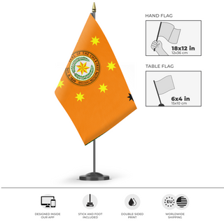 A mockup of the custom flag 'Cherokee Nation flag' as a desk flag and small hand waving flag