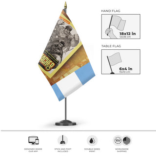 A mockup of the custom flag 'T flag' as a desk flag and small hand waving flag
