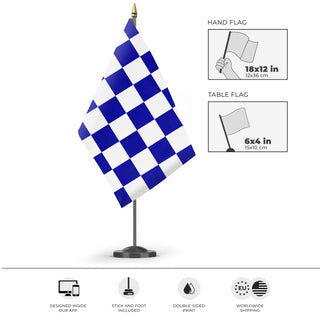 A mockup of the custom flag 'Blue and White Checkered Flag' as a desk flag and small hand waving flag