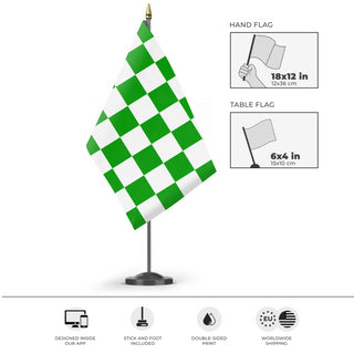 A mockup of the custom flag 'Green and White Checkered flag' as a desk flag and small hand waving flag