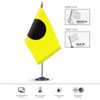 A mockup of the custom flag 'Indie Signal Flag' as a desk flag and small hand waving flag