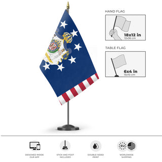 A mockup of the custom flag 'Kingdom of America Navy flag' as a desk flag and small hand waving flag