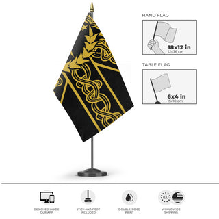 A mockup of the custom flag 'Last Empire flag' as a desk flag and small hand waving flag