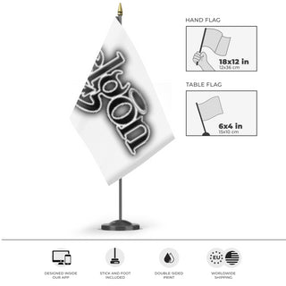 A mockup of the custom flag 'a flag' as a desk flag and small hand waving flag